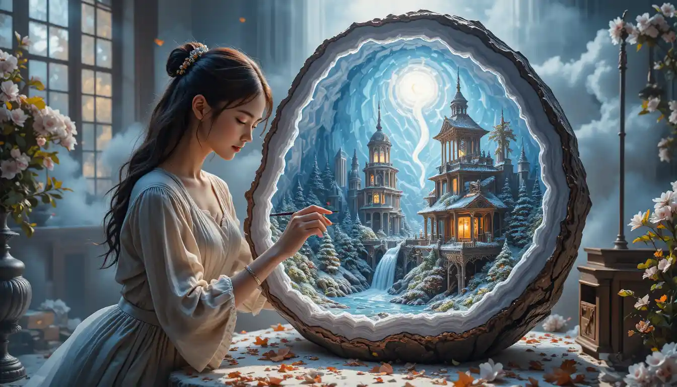 Young woman painting a crystal geode winter landscape