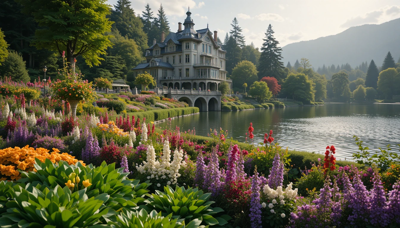 Serene flower garden by a lake with historic mansion