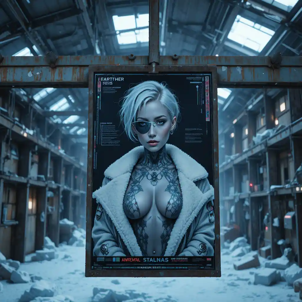Poster Cyberpunk Femme Fatale in Hangar Industriale Ghiacciato