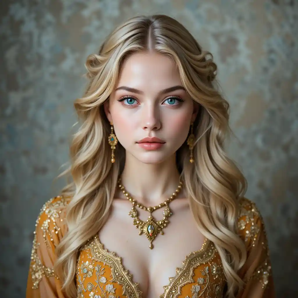 Young blonde woman in ornate gold dress portrait