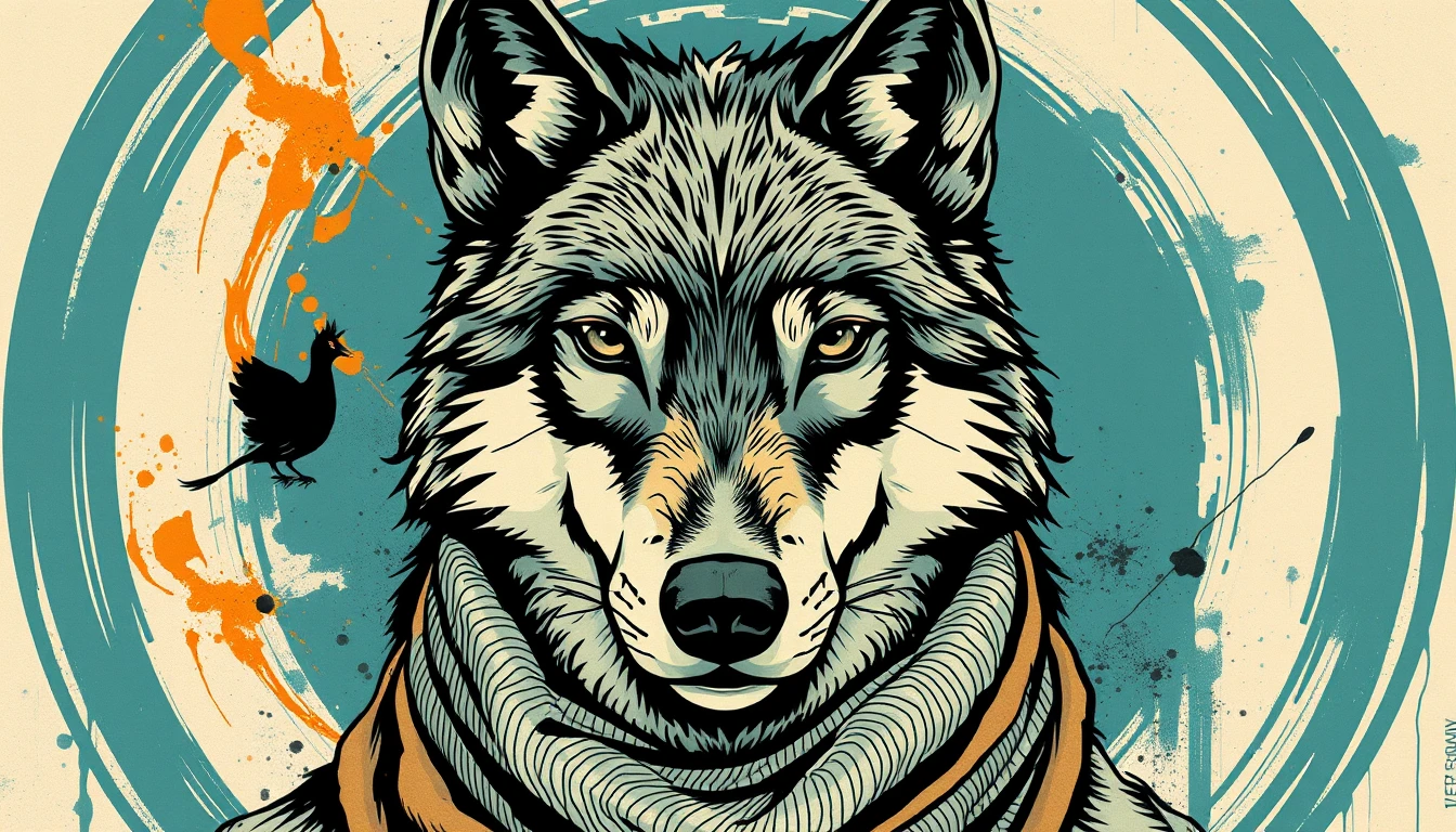 Retrato en primer plano de lobo ártico con bufanda y líneas audaces
