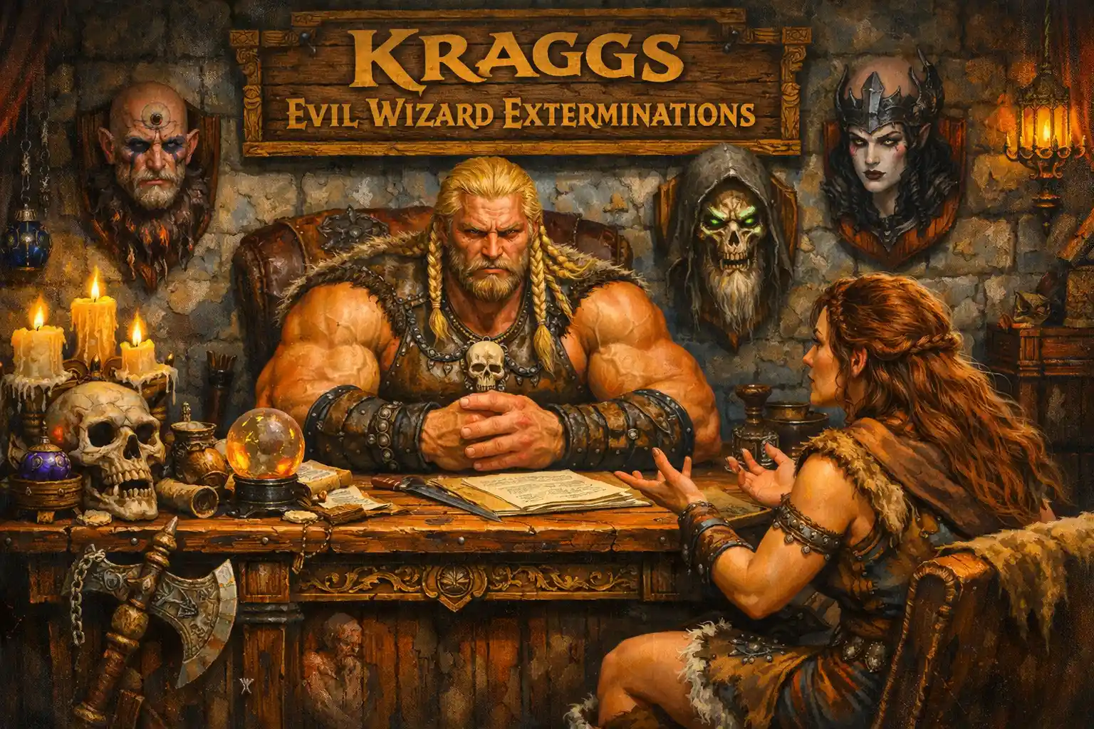 Barbarian warrior at a grand fantasy office desk