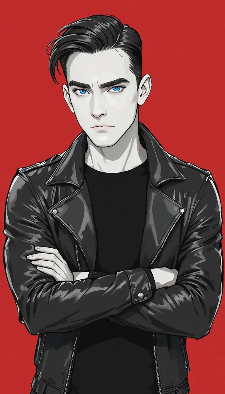 Cartoon man in black leather jacket on red background