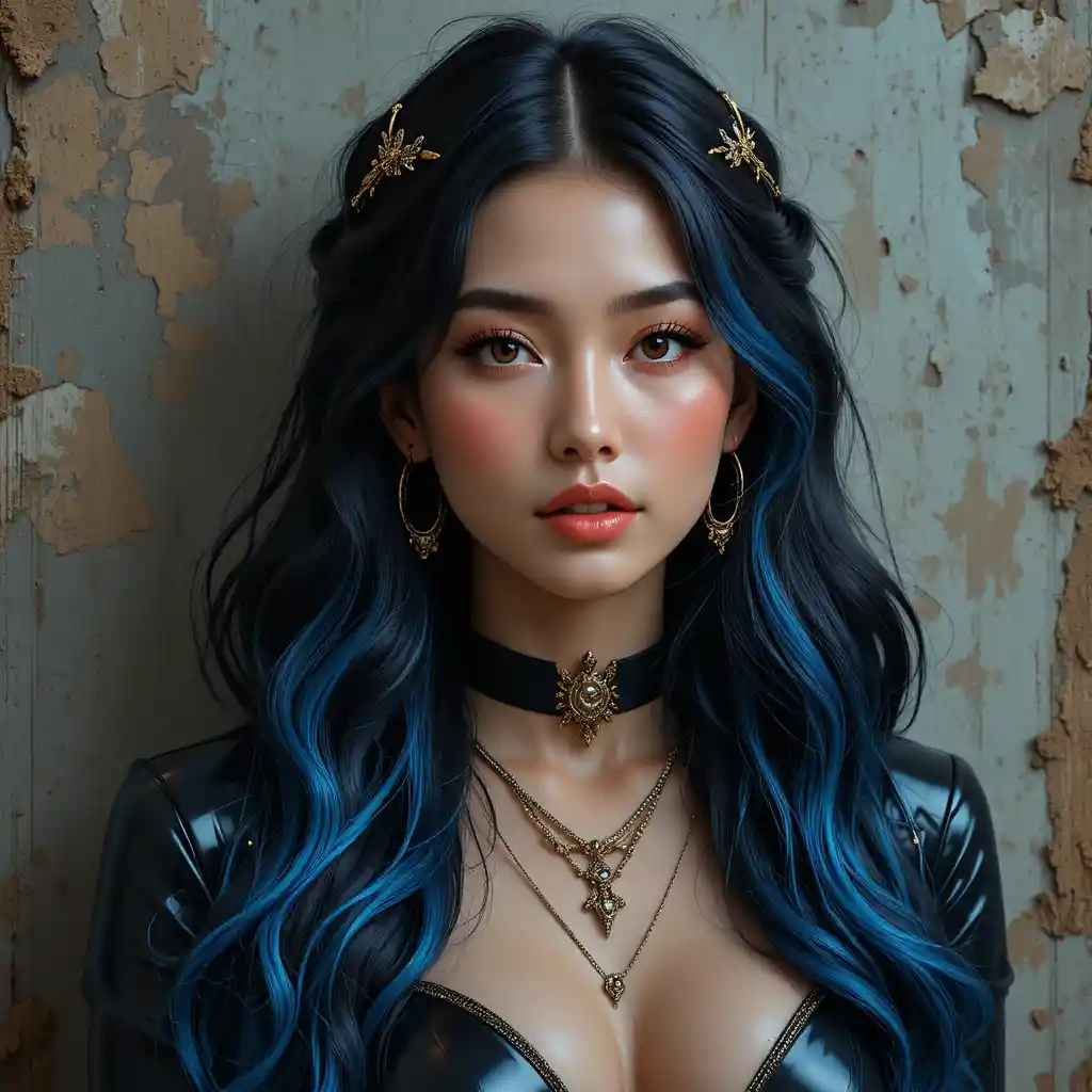 메탈릭 패션 디테일이 돋보이는 자신감 있는 젊은 여성 초상