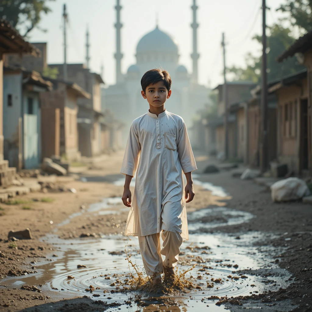 Niño con shalwar kameez blanco caminando hacia la mezquita