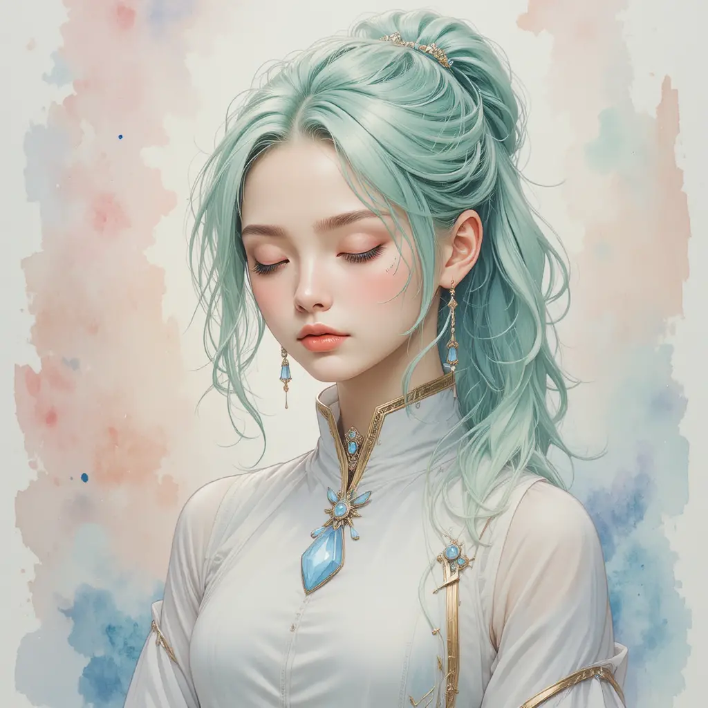 Etereo ritratto ad acquerello di una serena ragazza fantasy dai capelli color menta