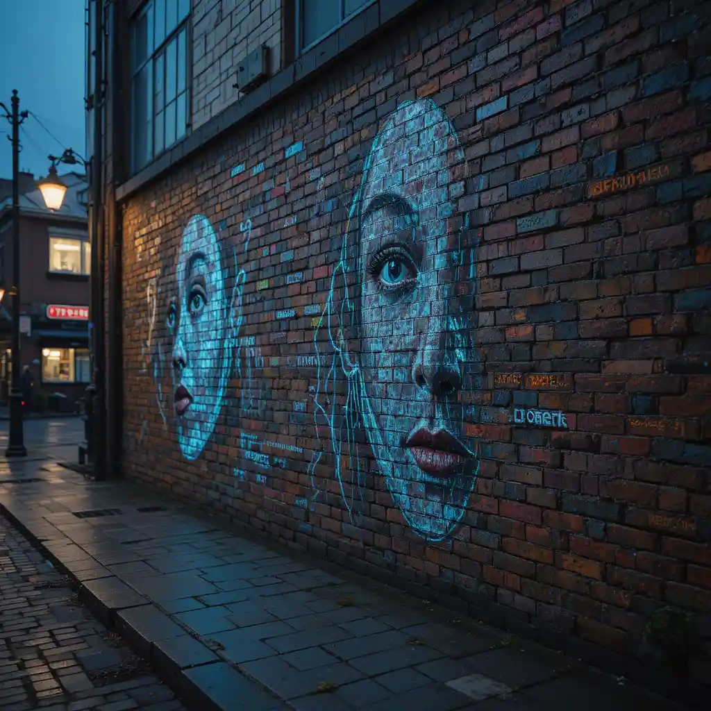 Brick wall with glowing wires and cryptic human faces