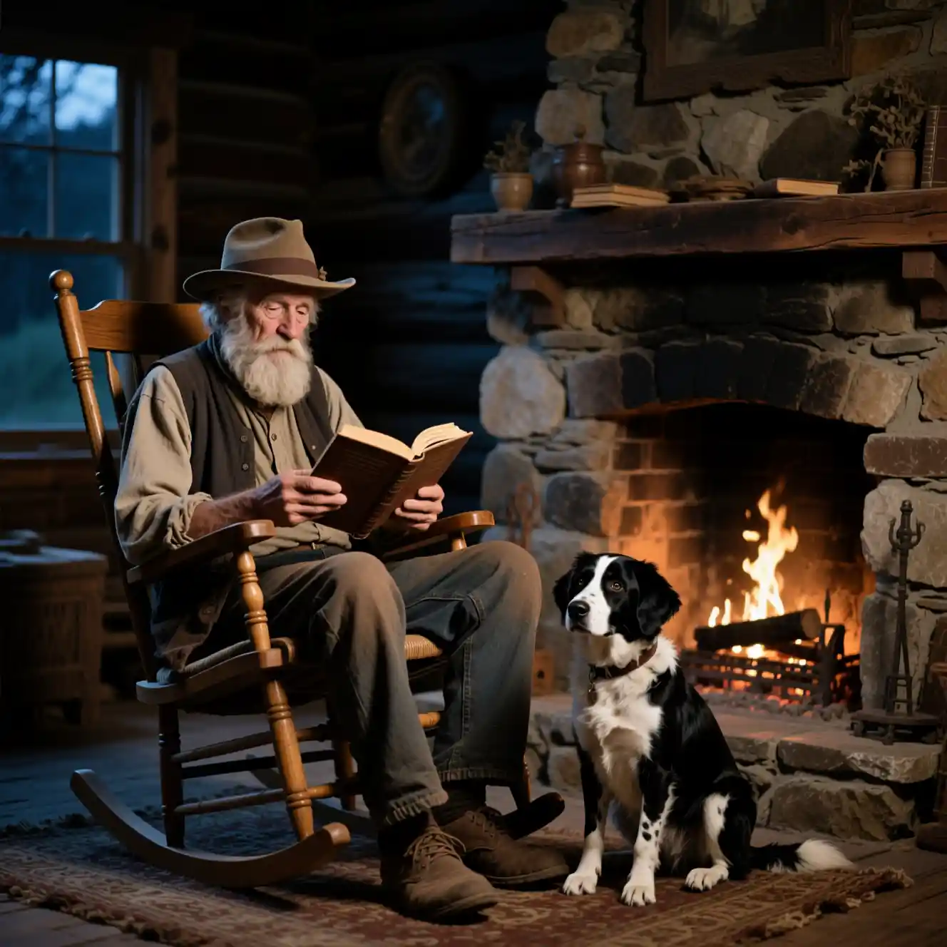 Old man reading by fireplace with loyal dog at night