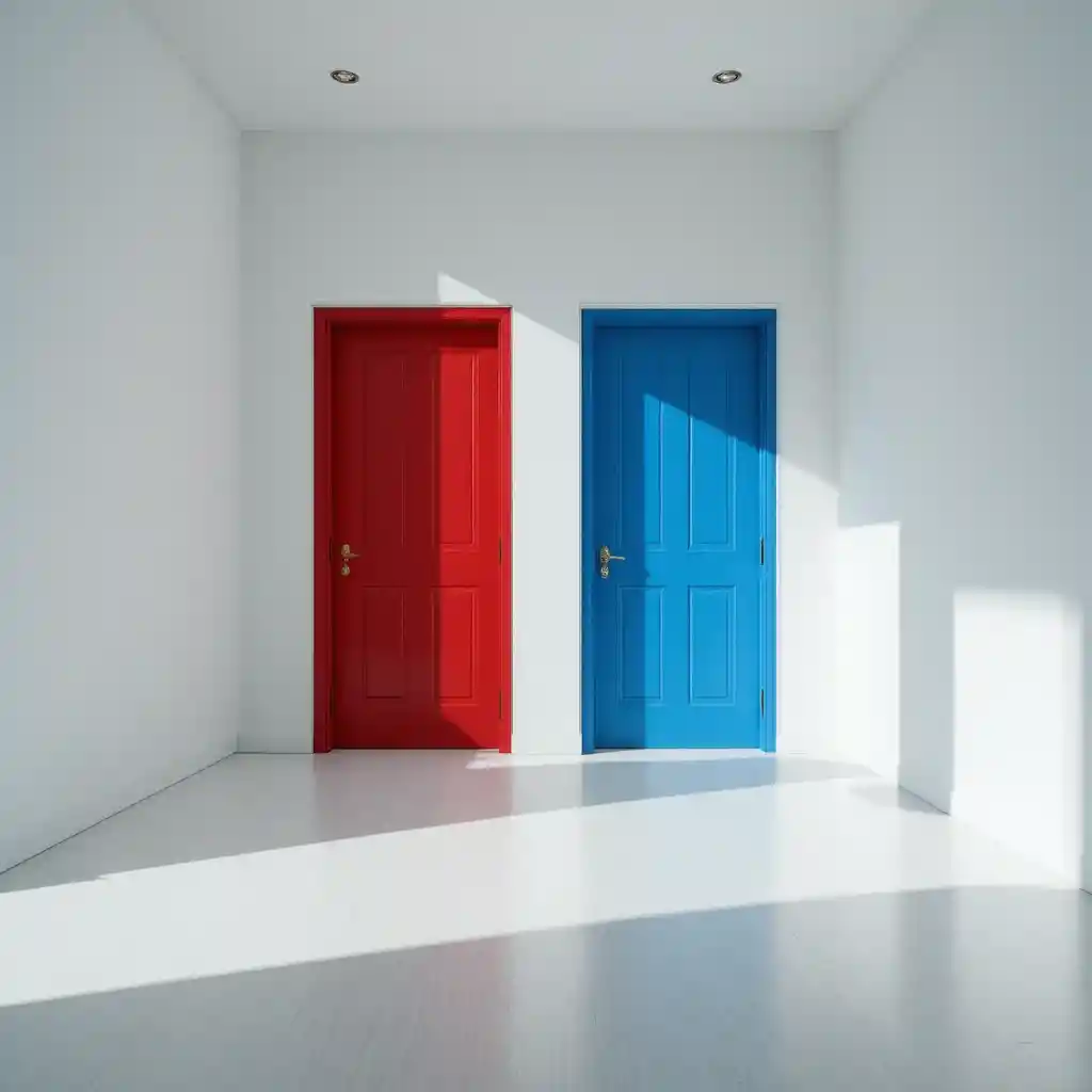 First person view of red and blue doors in white hallway