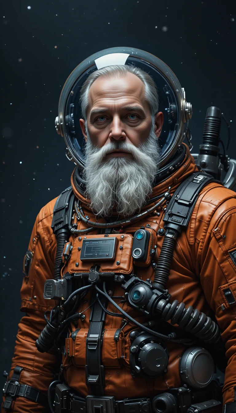 Elderly astronaut in orange suit floating in deep space