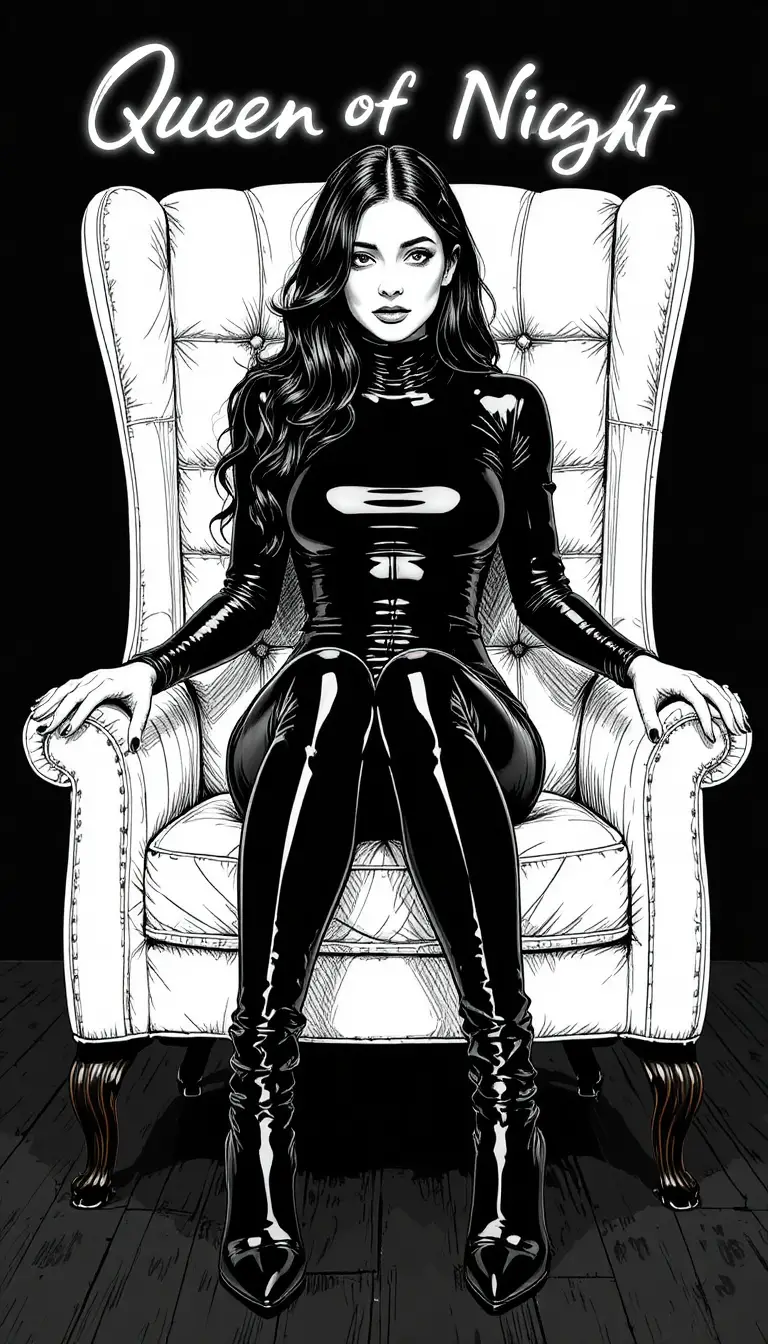 Young woman in latex on white armchair with neon text