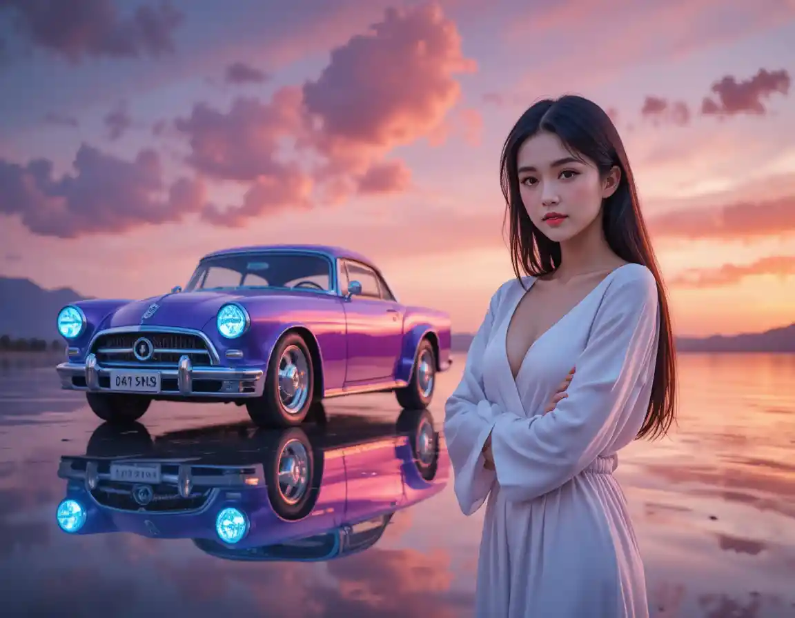 Auto cabriolet classica viola al tramonto con giovane donna