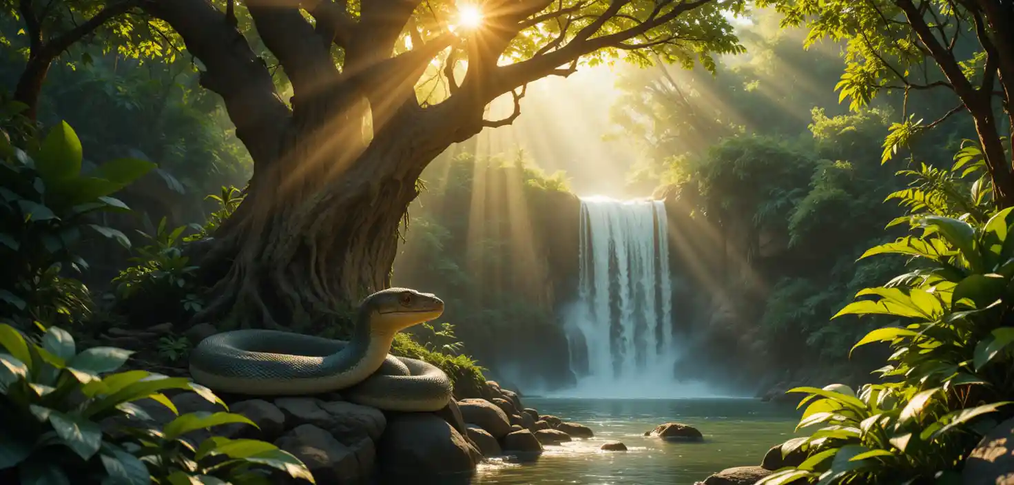 Peaceful boa resting by a sunlit jungle waterfall