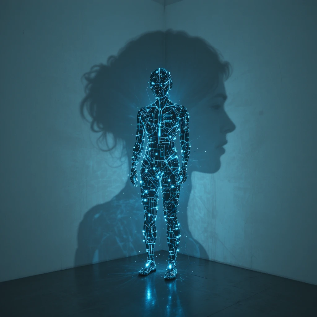 Ombra umana futuristica fatta di circuiti su parete bianca