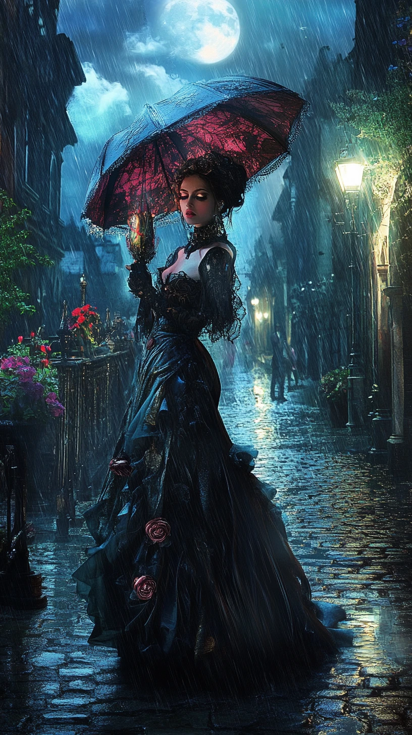 Donna steampunk in una strada vittoriana piovosa di notte