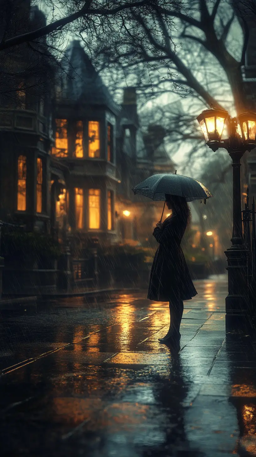 Woman with umbrella on a rainy victorian london street