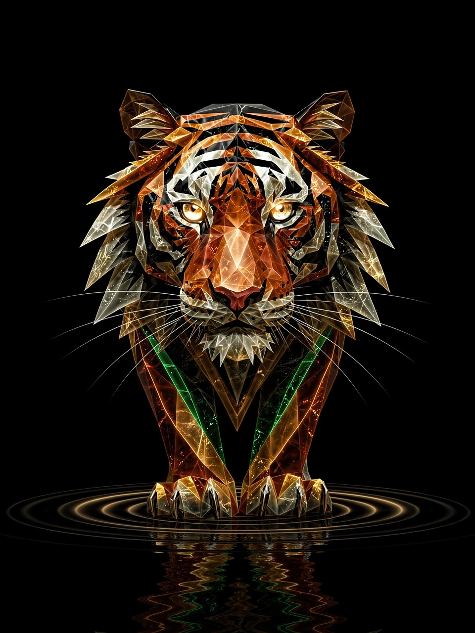 Retrato de tigre geométrico abstrato com olhos prismáticos luminosos