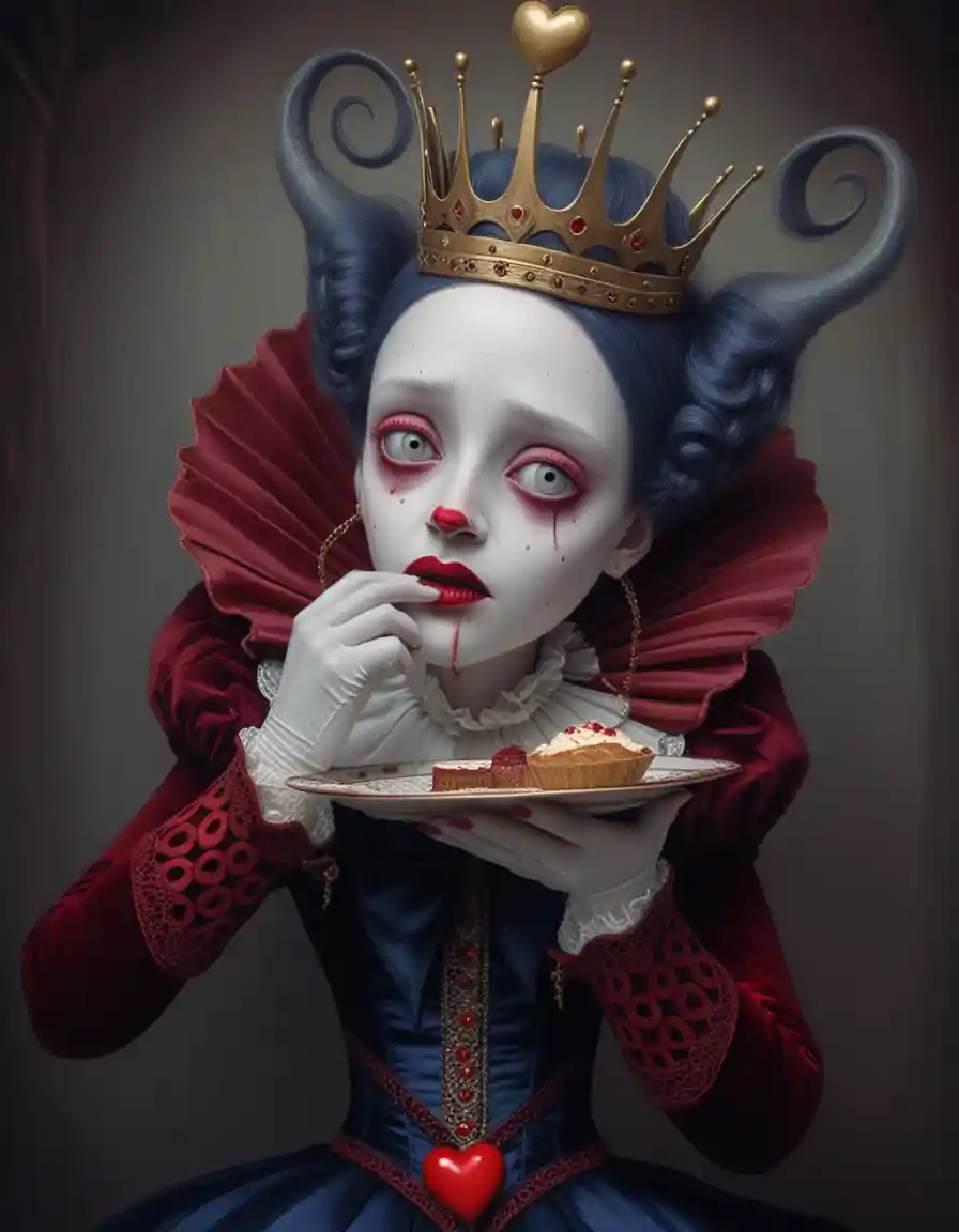 Melancholische Königin mit Herztörtchen im Gothic-Fantasy-Porträt