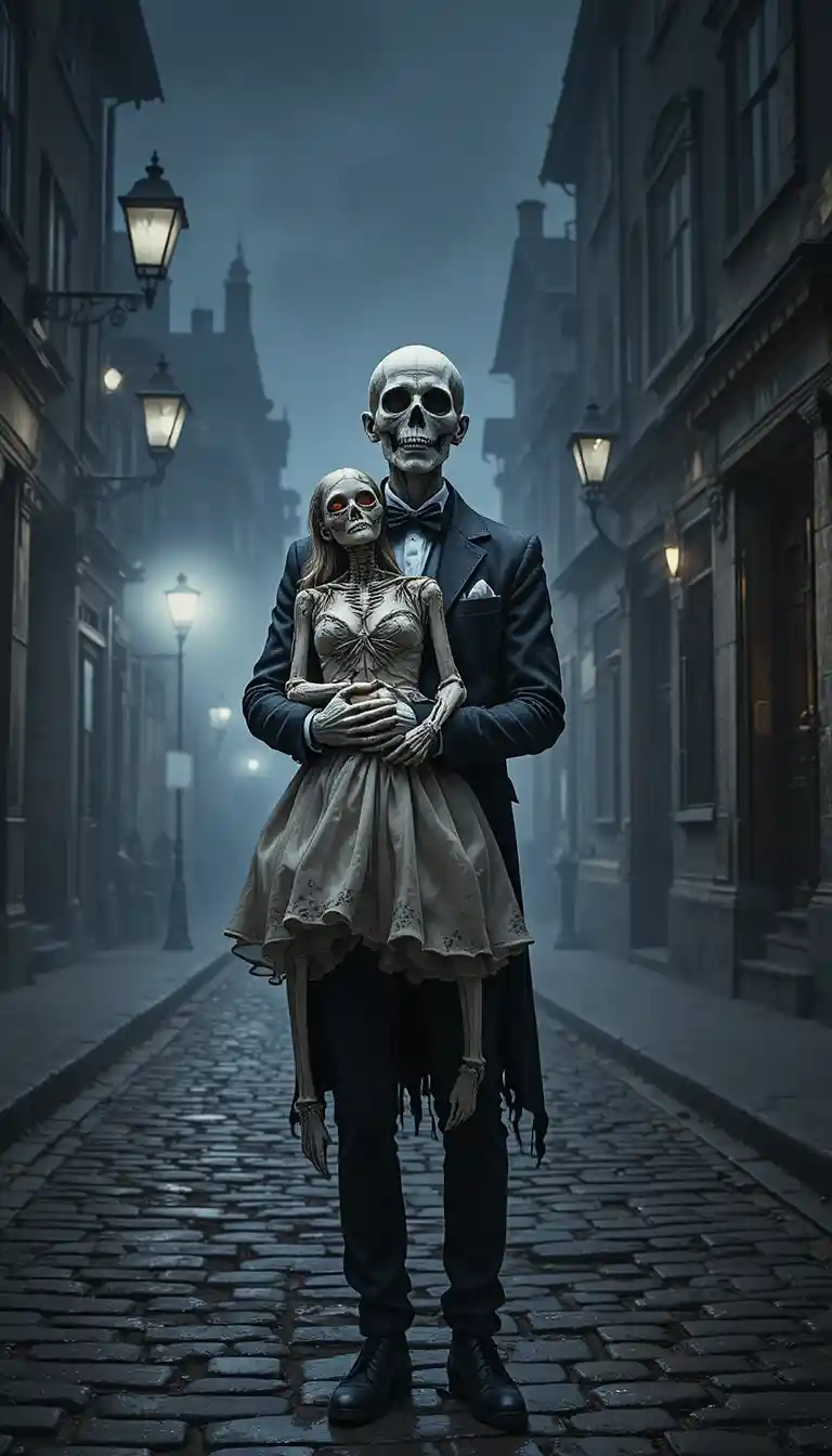 Pareja esquelética bailando en una calle gótica con niebla