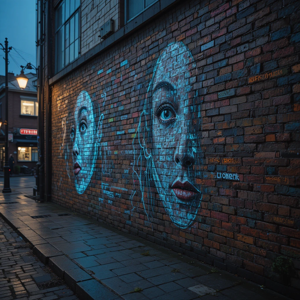 Brick wall with glowing wires and cryptic human faces