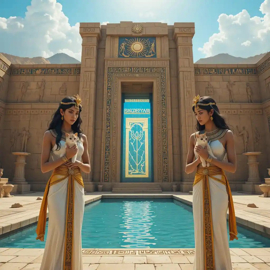 Ancient Egyptian priestesses holding sacred cats by a turquoise pool