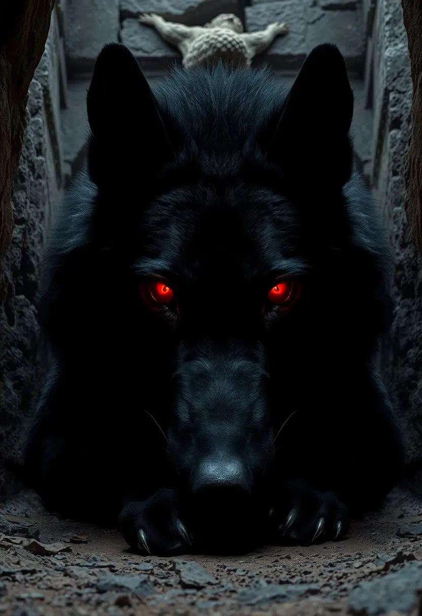 Giant black wolf with glowing red eyes in darkness