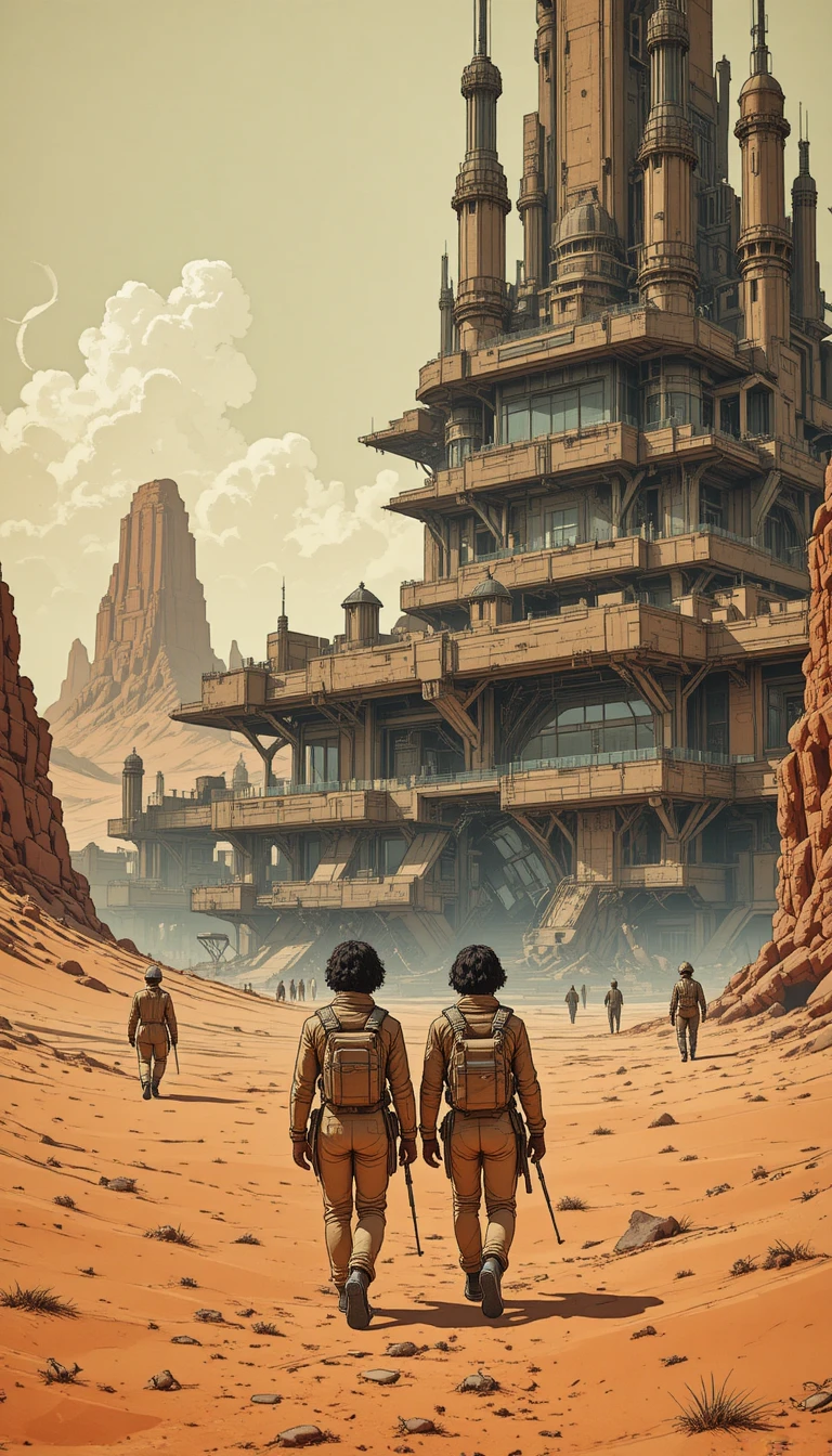 Lone travelers crossing a sci fi desert toward towering city