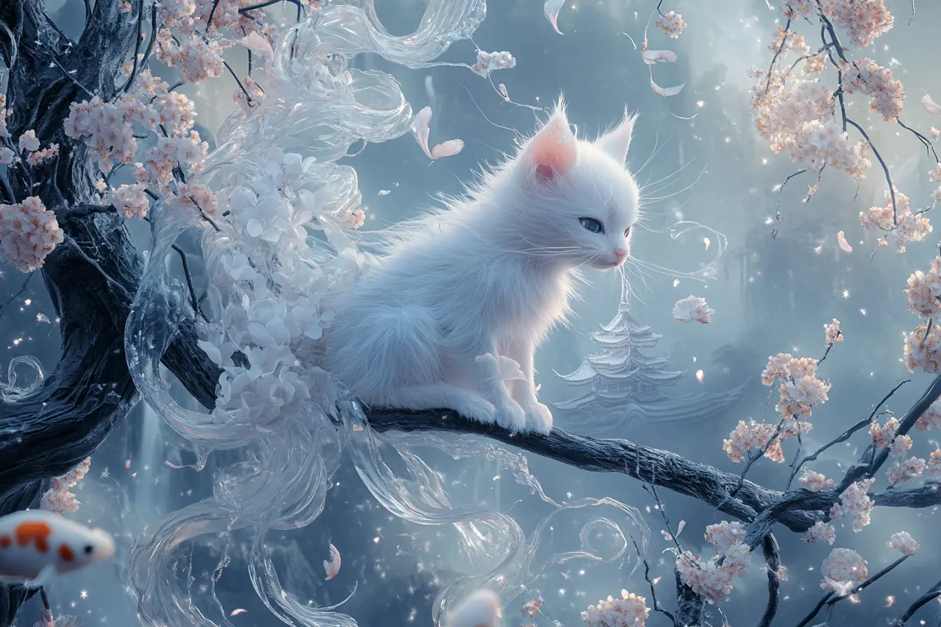 Tiny silver kitsune on a glowing cherry blossom branch