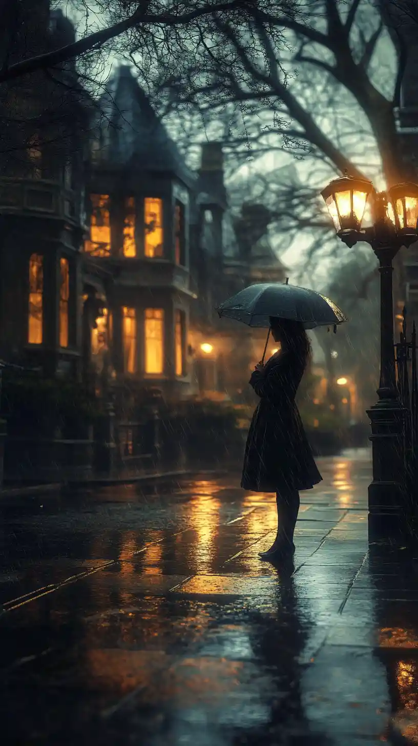 Woman with umbrella on a rainy victorian london street