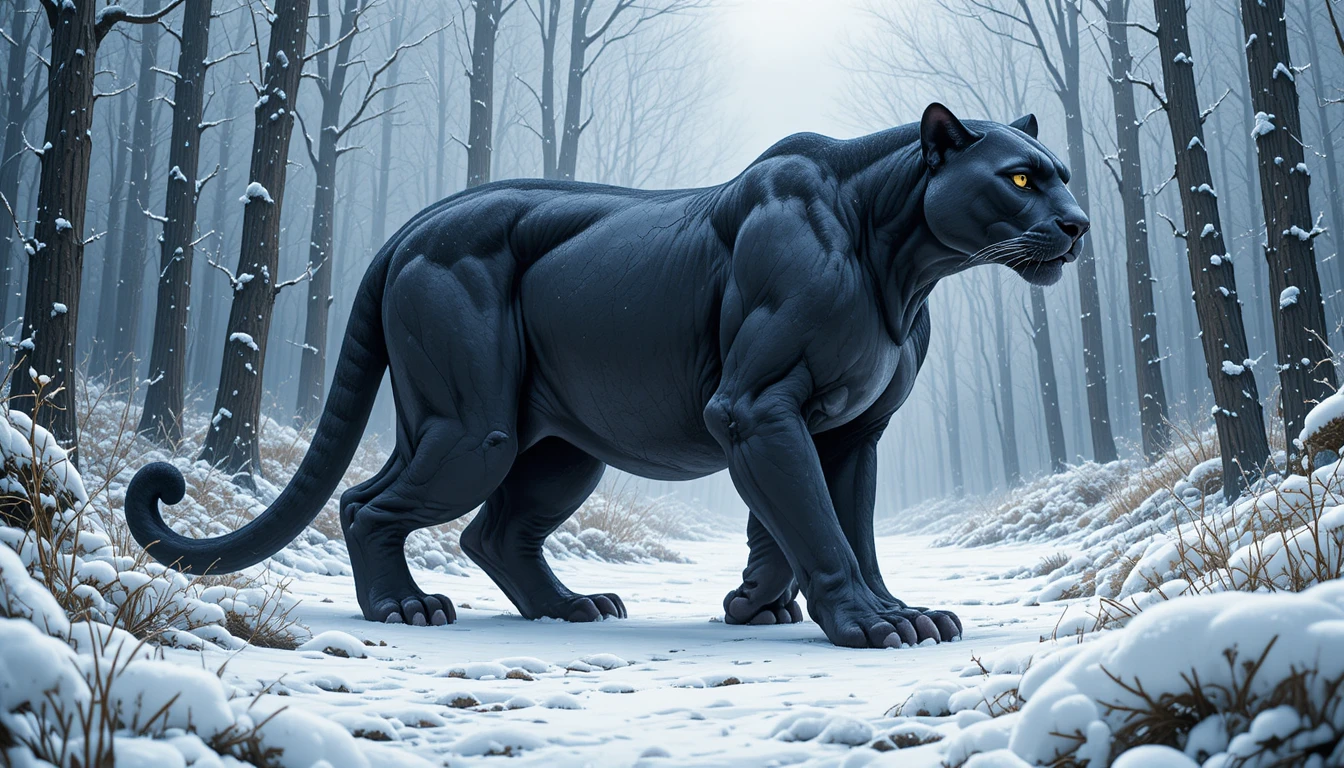 Pantera oscura caminando por un tranquilo bosque nevado