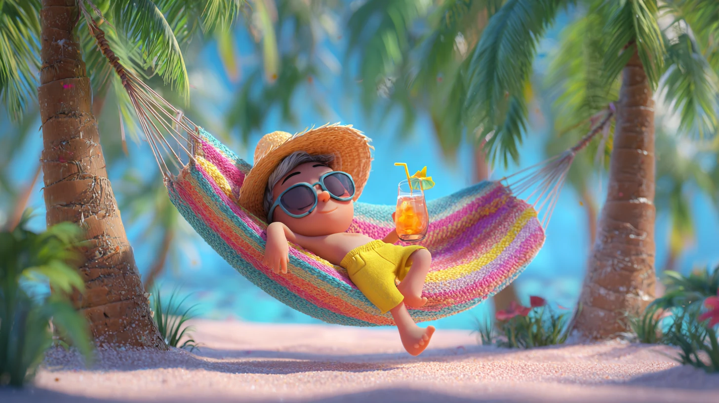 Chibi magician relaxing in a hammock on sunny beach
