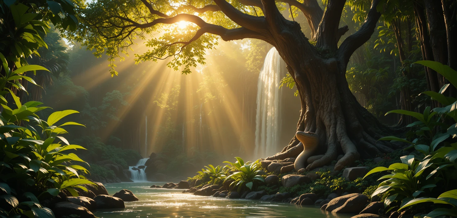 Boa tranquila observando una cascada de jungla bañada por el sol