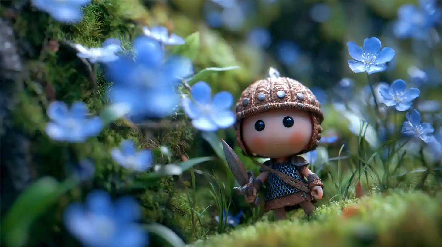 Tiny forest warrior with nut helmet among blue flowers