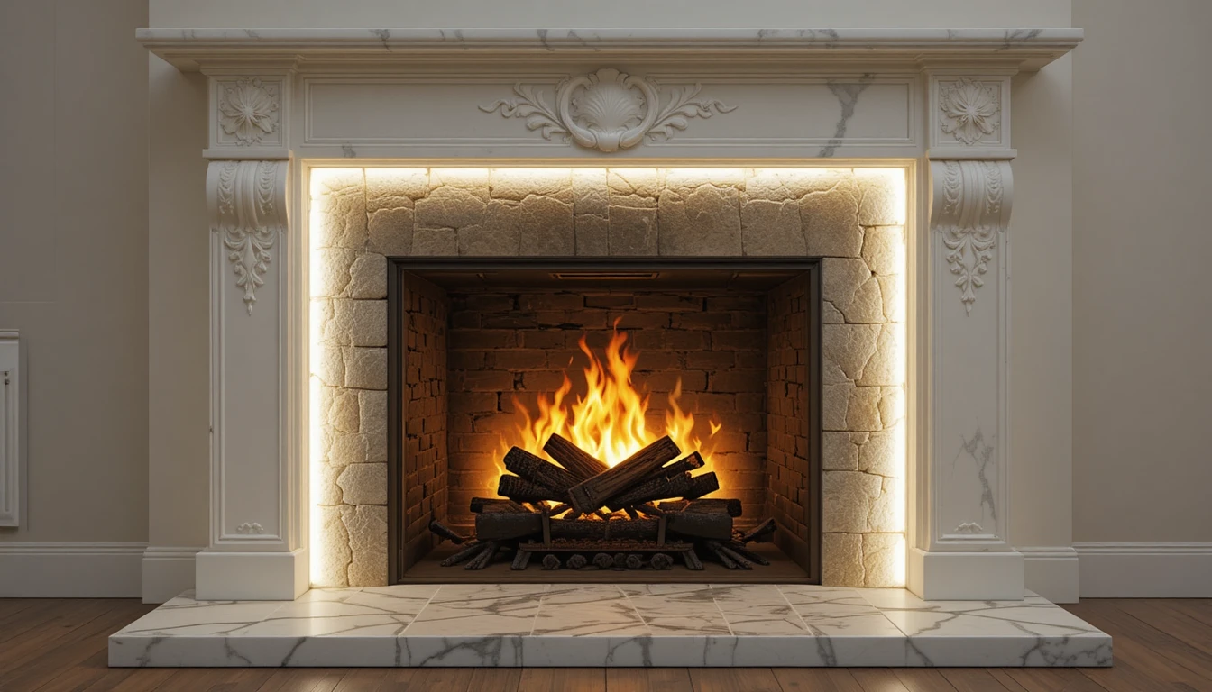 Close up digital view of a fireplace with white edge pattern