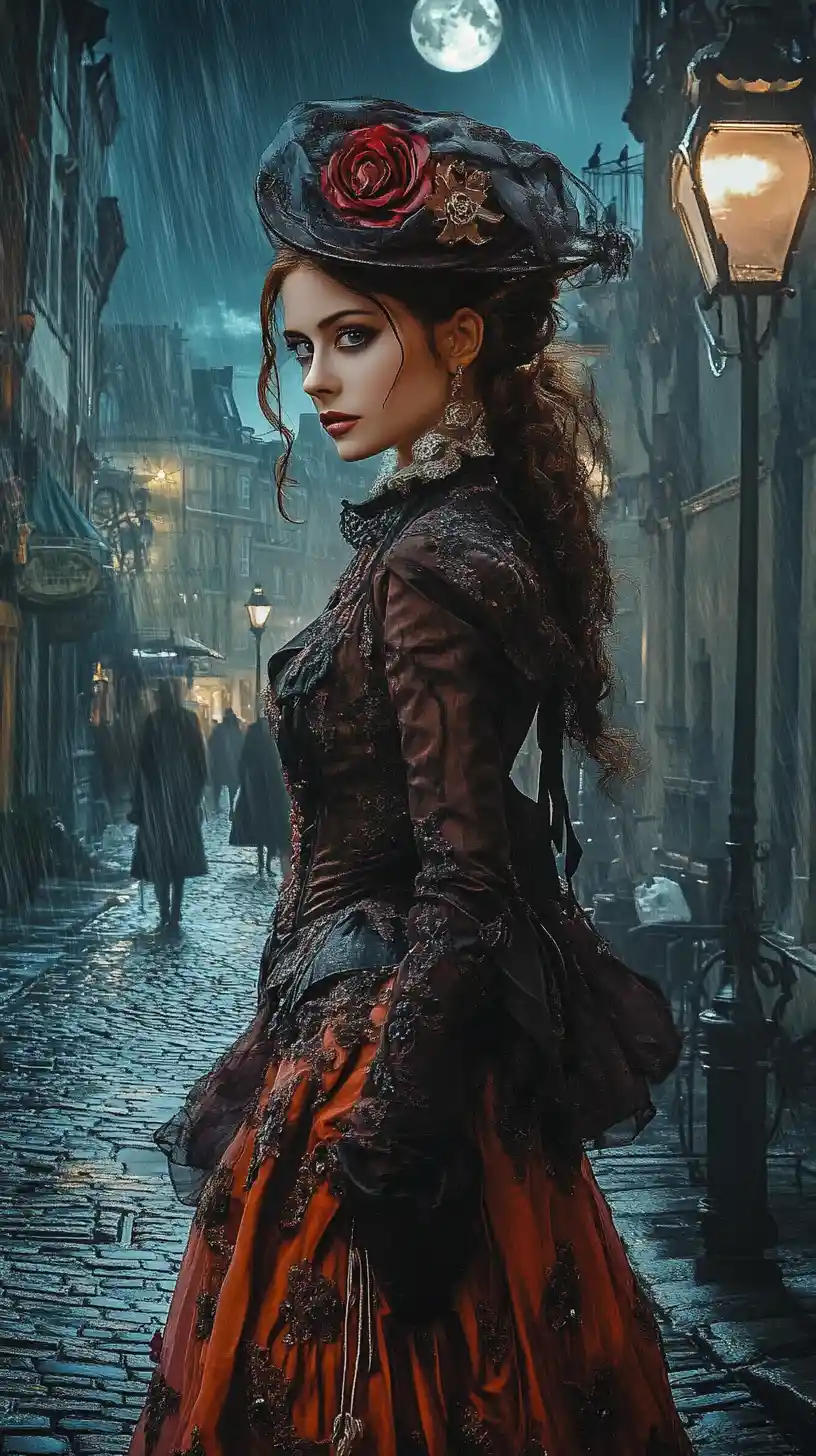 Donna steampunk in strada vittoriana piovosa al chiaro di luna