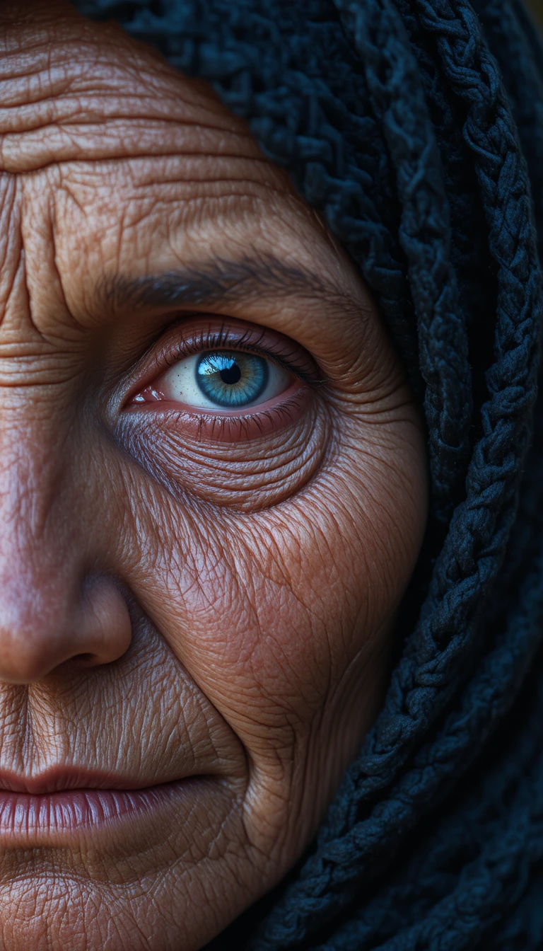 Extreme close up of an elderly woman in headscarf
