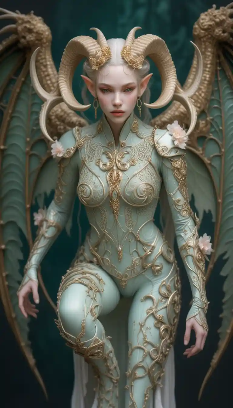 Ethereal elven woman with ram horns in ornate armor