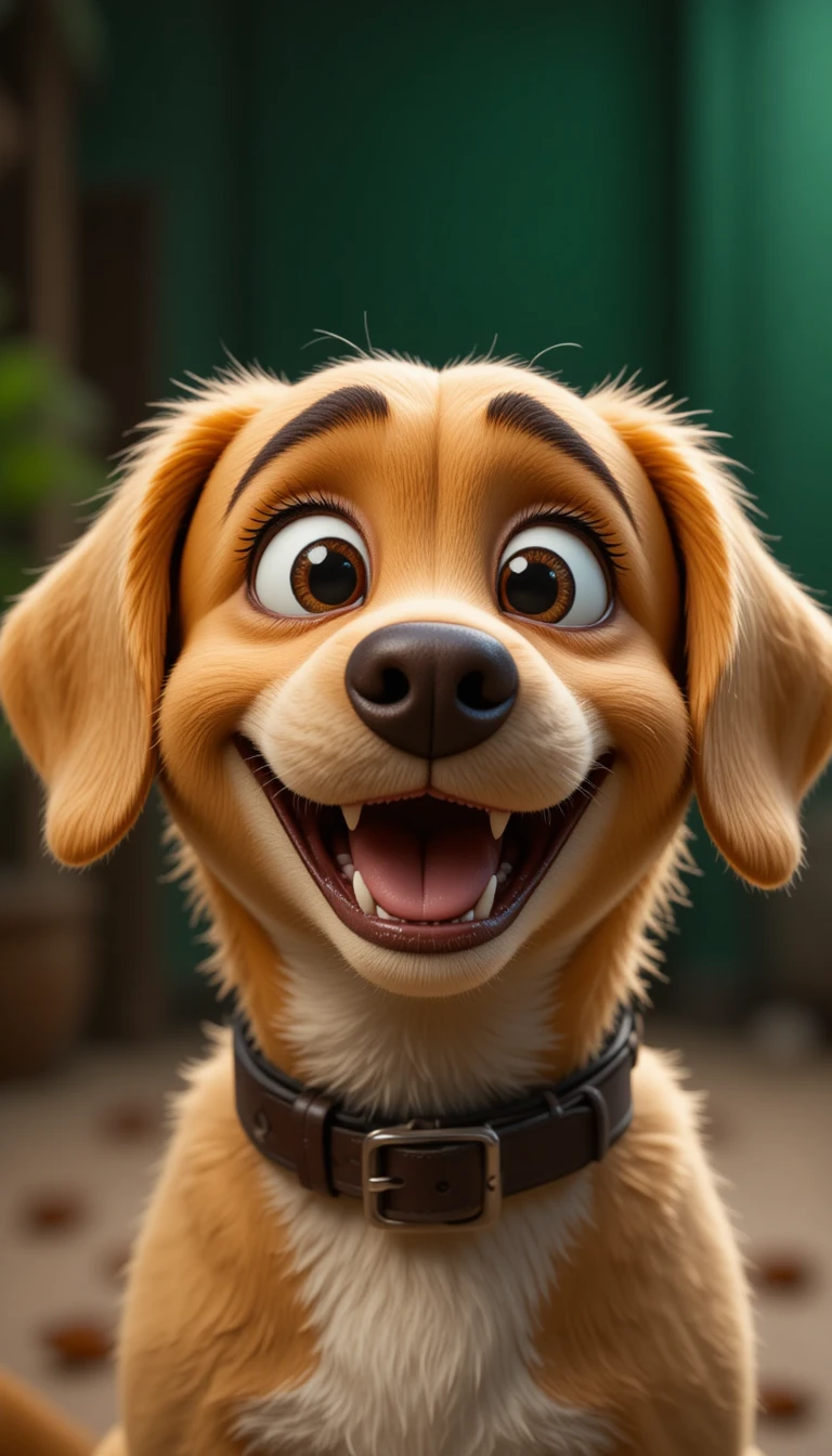 Fröhlicher golden-brauner Hund mit großen Augen und breitem Grinsen