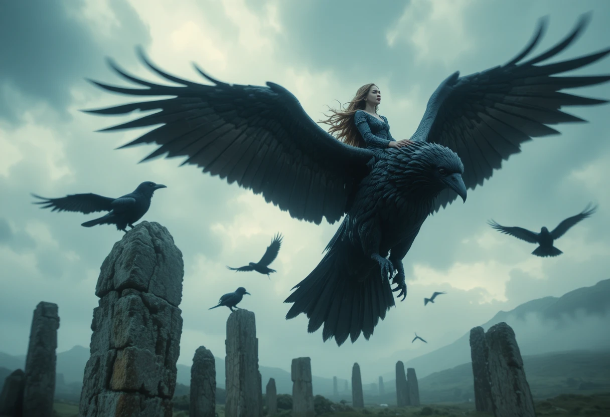 Donna celtica che cavalca un corvo gigante sopra antiche pietre