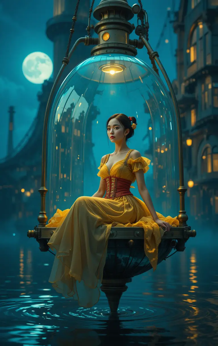 Donna asiatica in abito steampunk che galleggia in una lampada luminosa