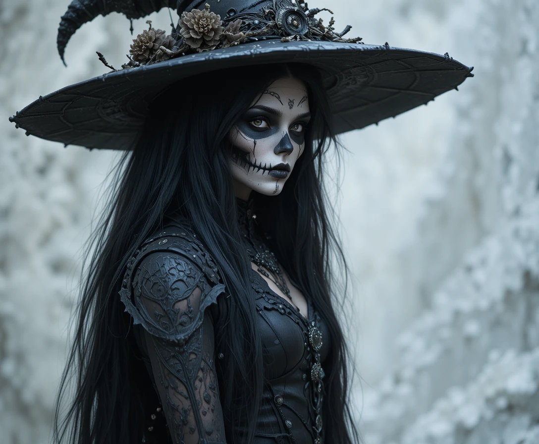 Gothic-Hexe mit Totenschädel-Make-up und langem schwarzen Haar