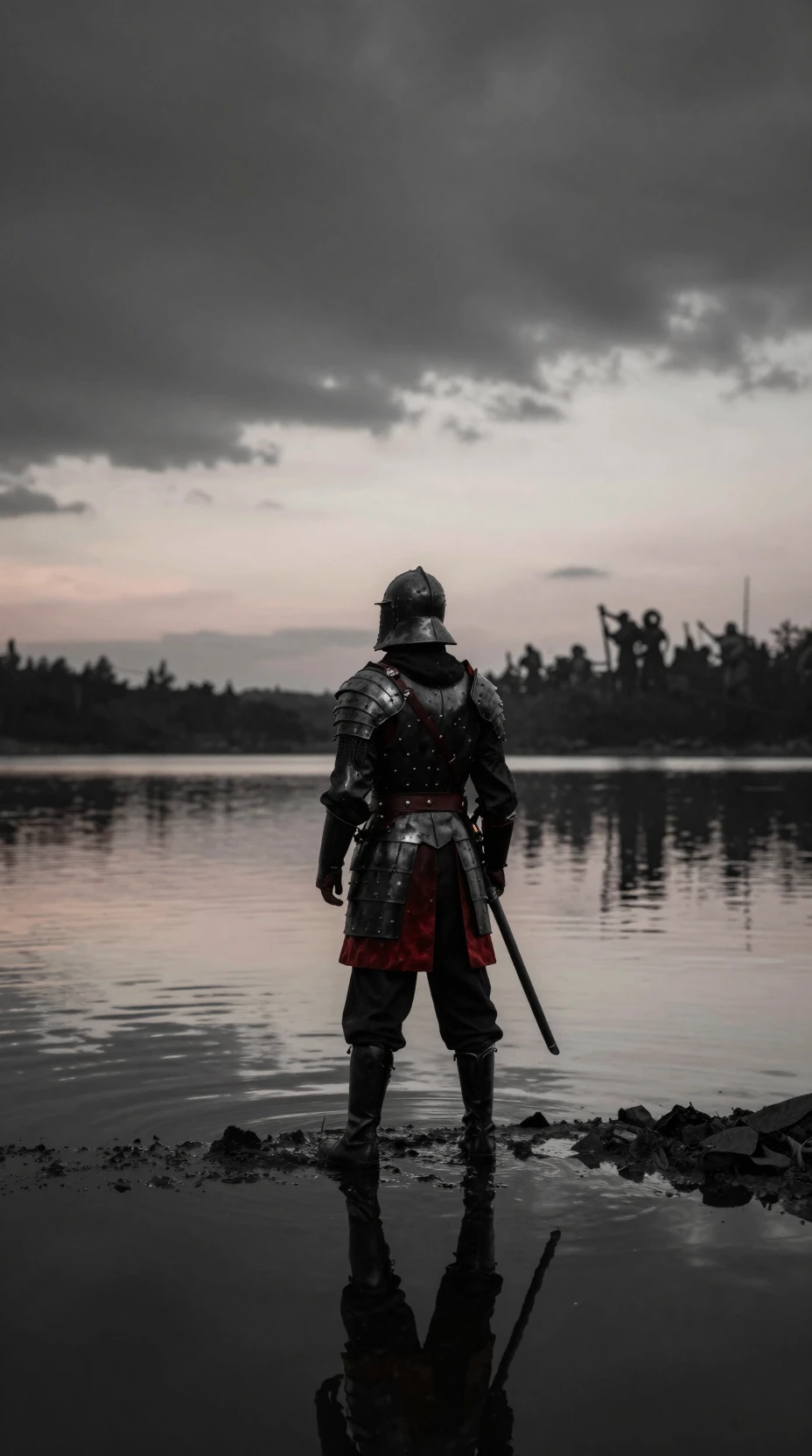 Guerrier solitaire en armure noire et rouge debout sur un lac