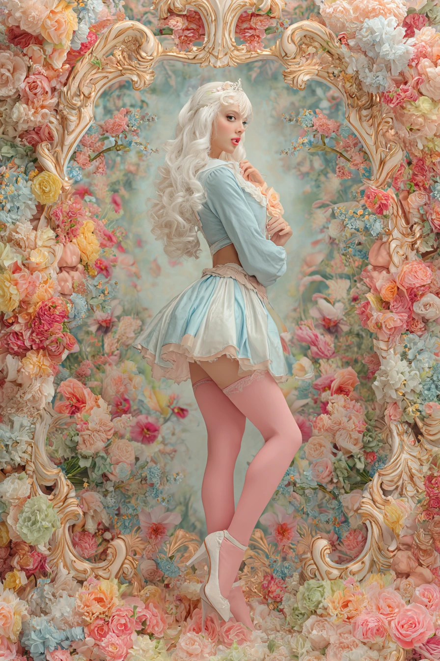 Elegant girl with flowing white hair in floral portrait