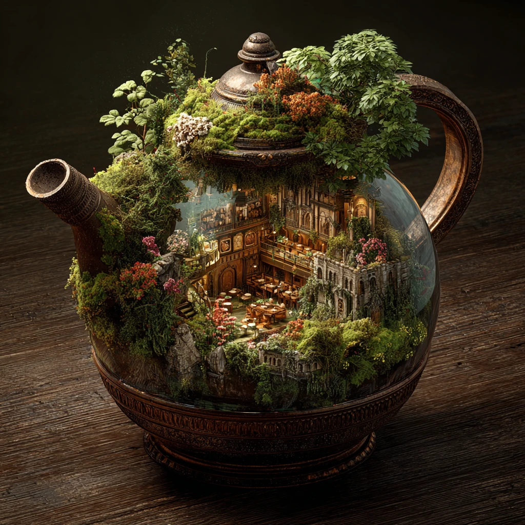 Cozy Italian cafe inside a steampunk coffee pot