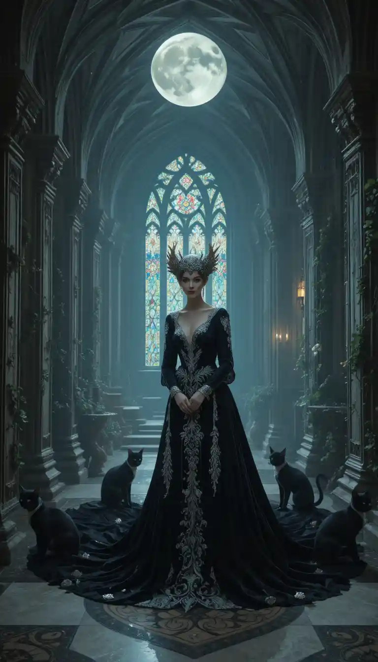 Ethereal queen in moonlit gothic art nouveau castle hall
