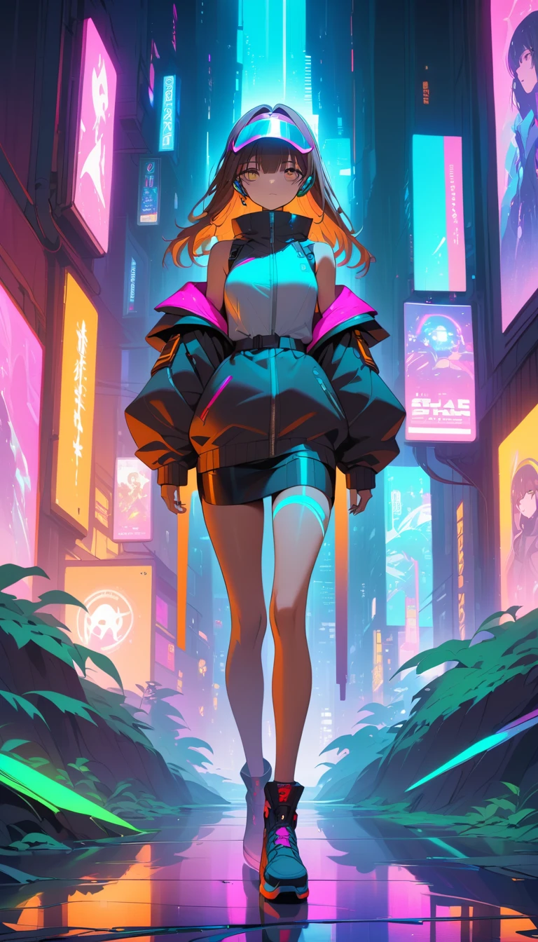 Masked cyberpunk woman with flowing hair in neon forest