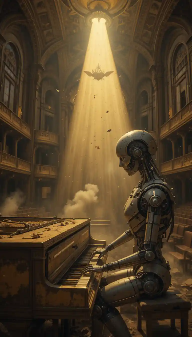 Robot playing a lonely piano in a ruined concert hall