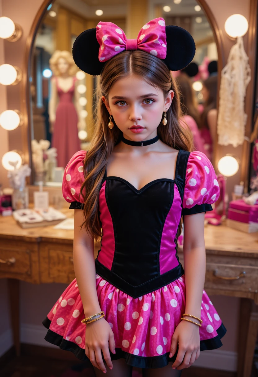 Chico preadolescente nervioso con atuendo de Minnie Mouse en tocador de boutique
