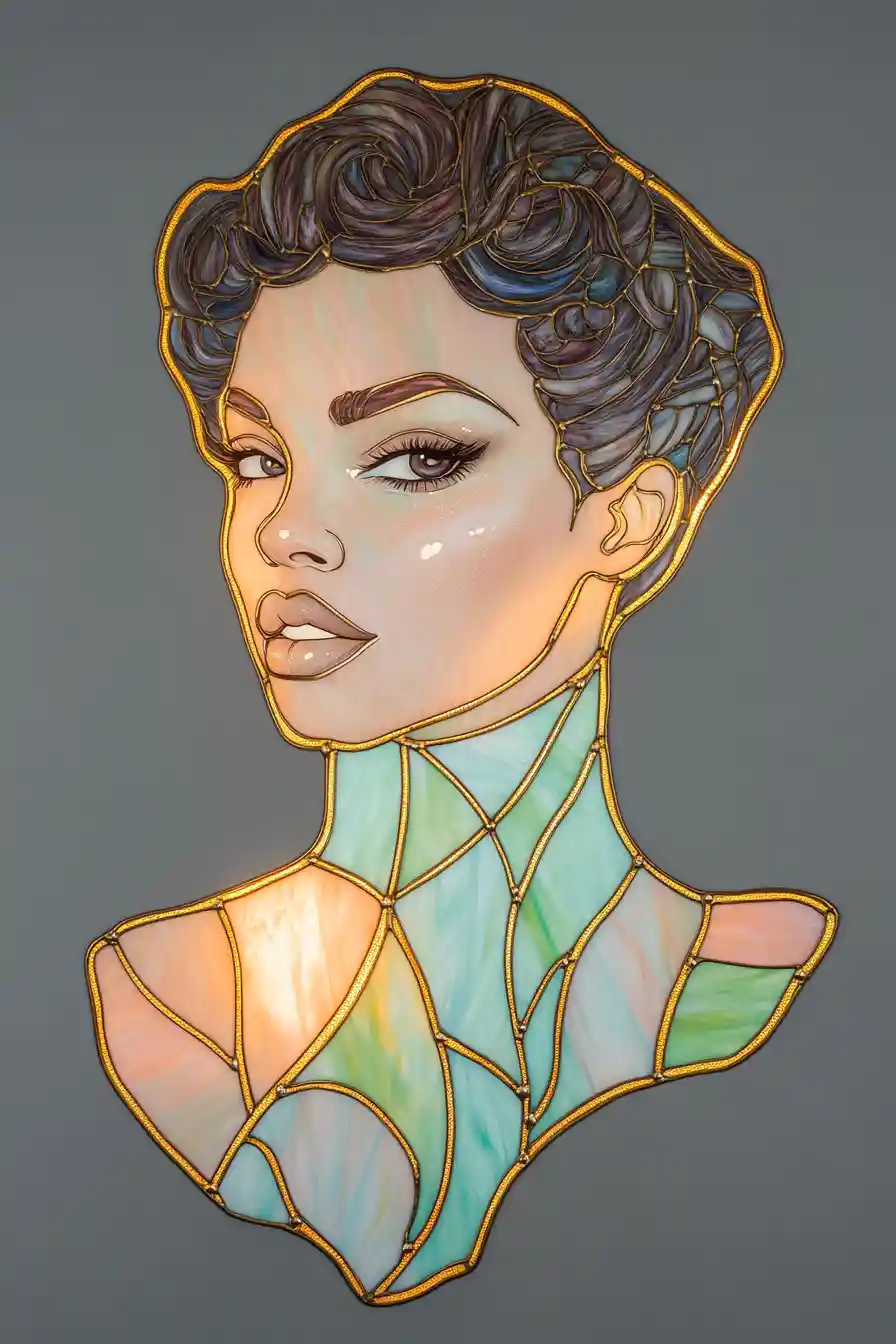 Stained Glass Portrait Of A Woman With Short Curls