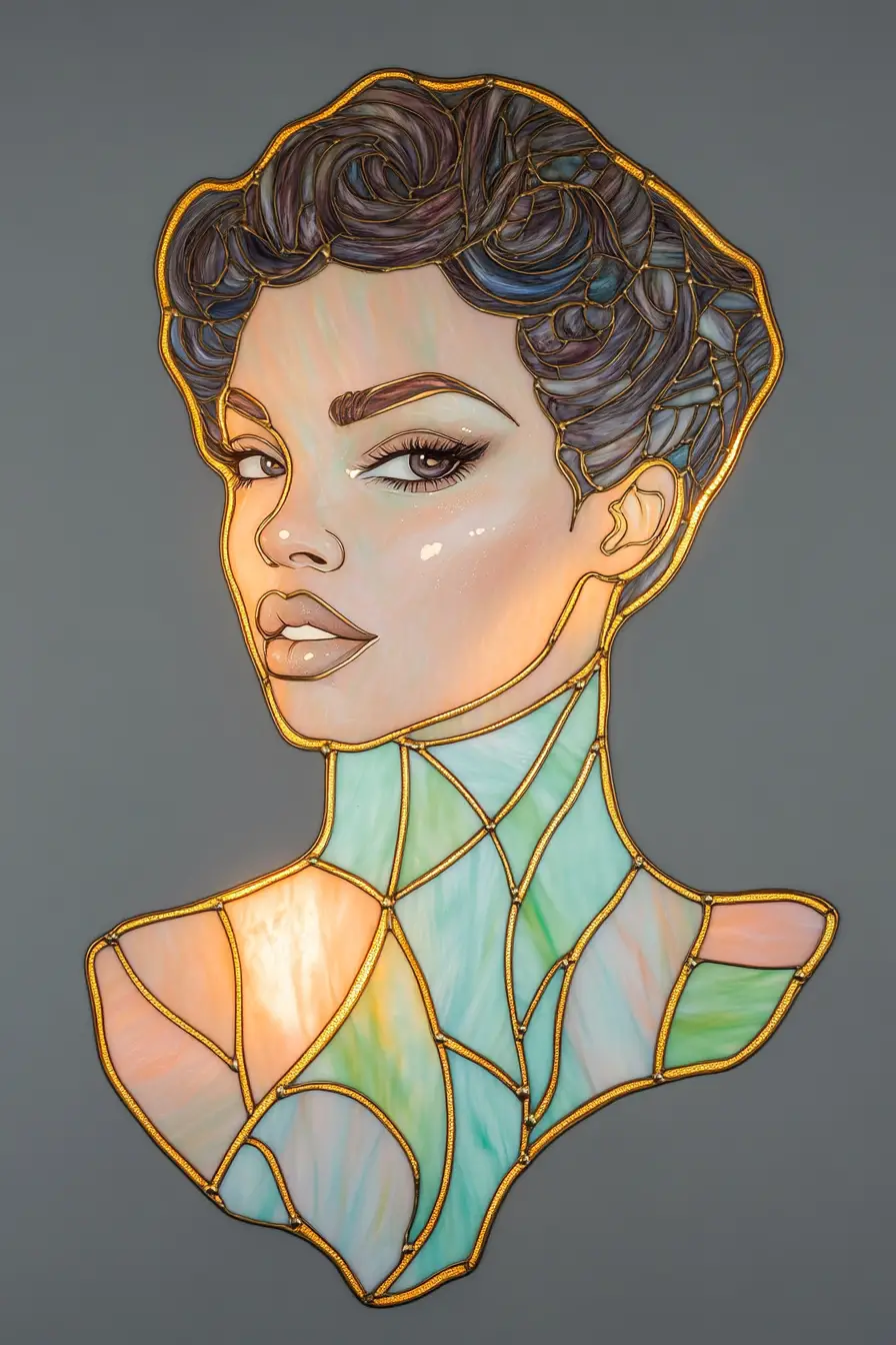 Stained Glass Portrait Of A Woman With Short Curls